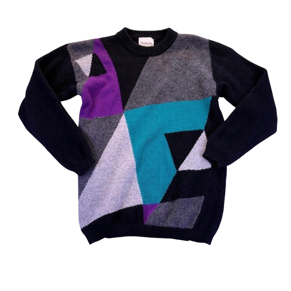 VTG Distinction Geometric Angora Lambswool Sweater Purple Teal Black Womens M
